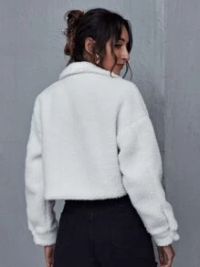 Flap Pocket Drop Shoulder Teddy Jacket - White - View 2