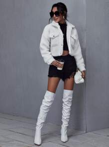 Flap Pocket Drop Shoulder Teddy Jacket - White - View 3