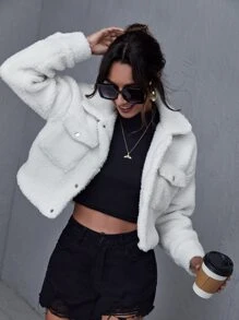 Flap Pocket Drop Shoulder Teddy Jacket - White - View 4