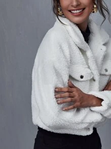 Flap Pocket Drop Shoulder Teddy Jacket - White - View 5