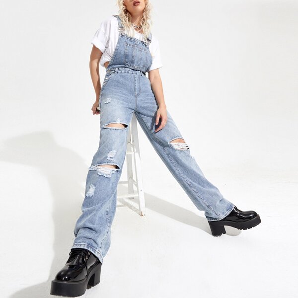 

Ripped Straight Leg Denim Overall, Light wash