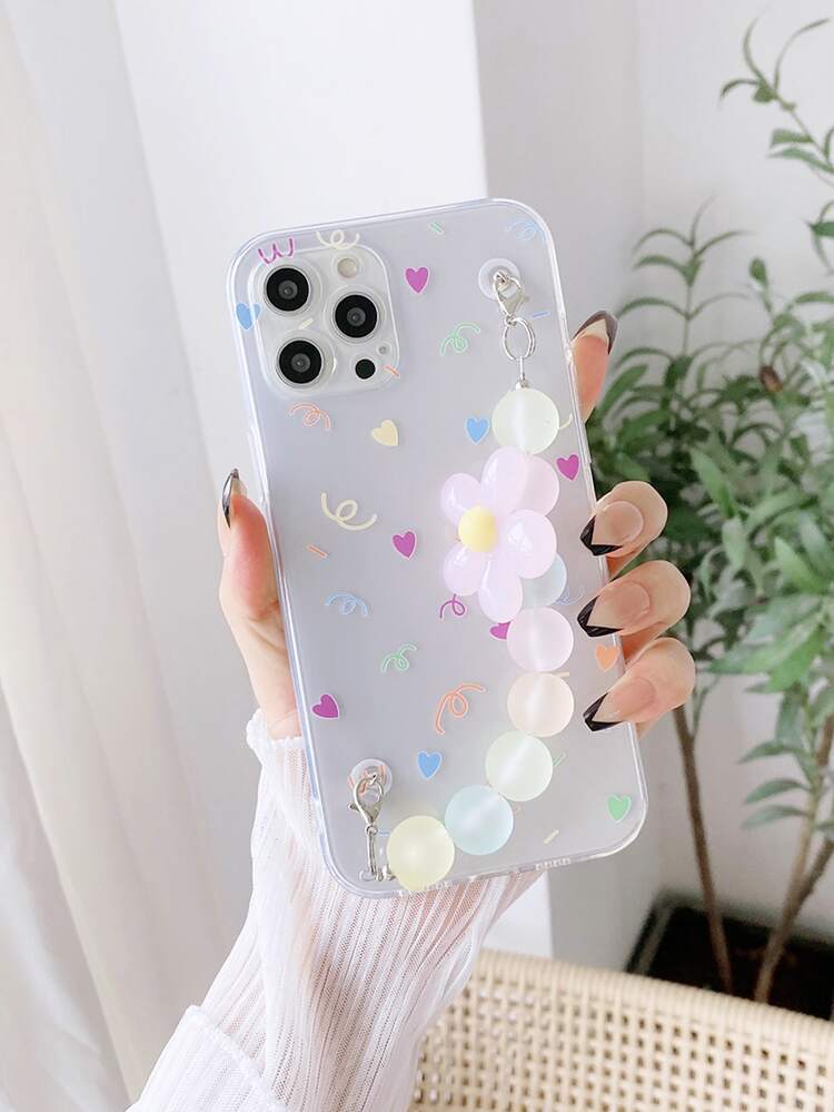 Cartoon Graphic Phone Case With Flower Decor Hand Strap - Multicolor - View 1