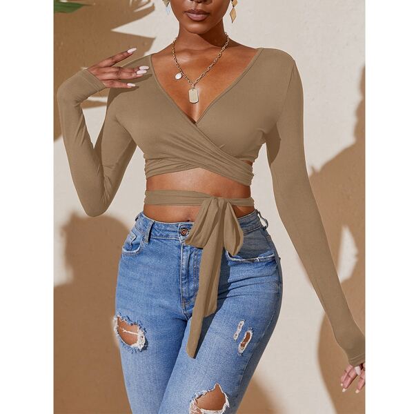 

Solid Criss Cross Tie Waist Top, Khaki