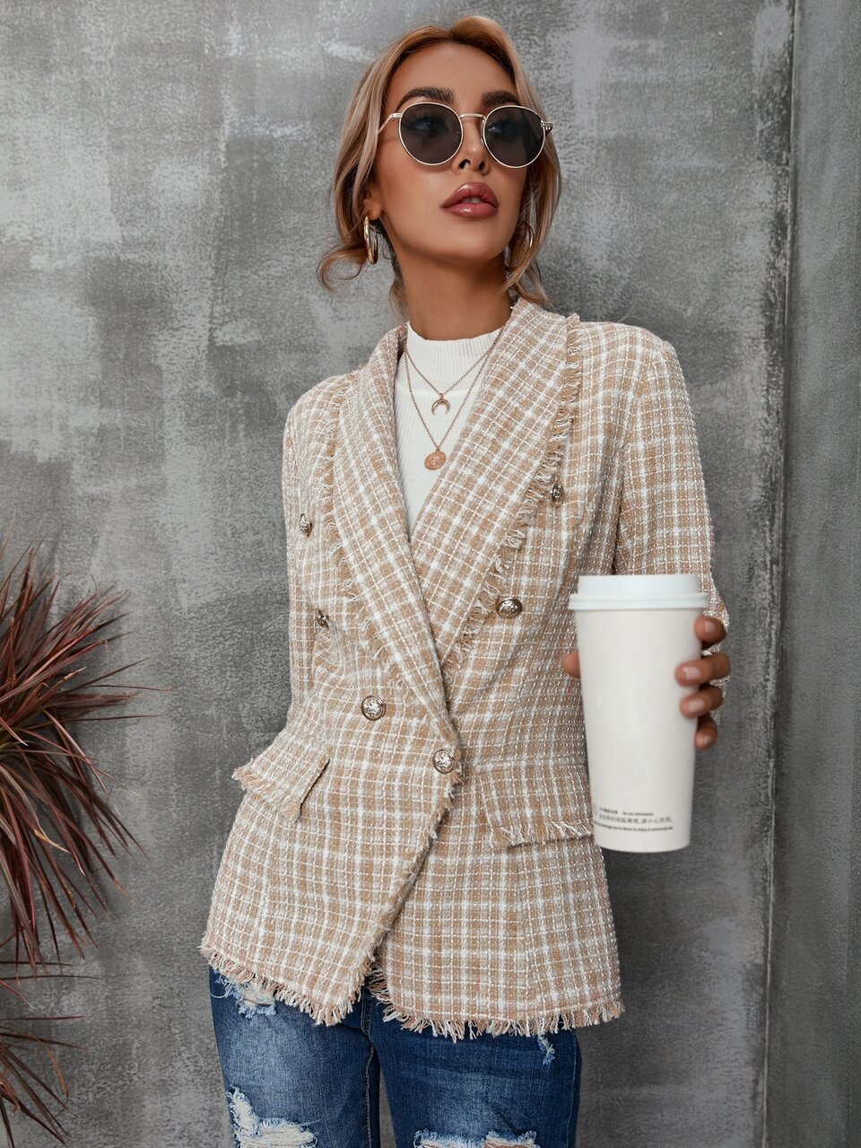 Plaid Pattern Shawl Collar Raw Trim Flap Detail Tweed Coat