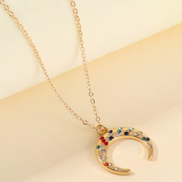 

Rhinestone Moon Charm Necklace, Gold
