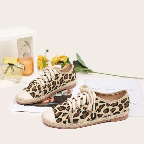 

Leopard Lace-up Front Espadrille Flats, Brown