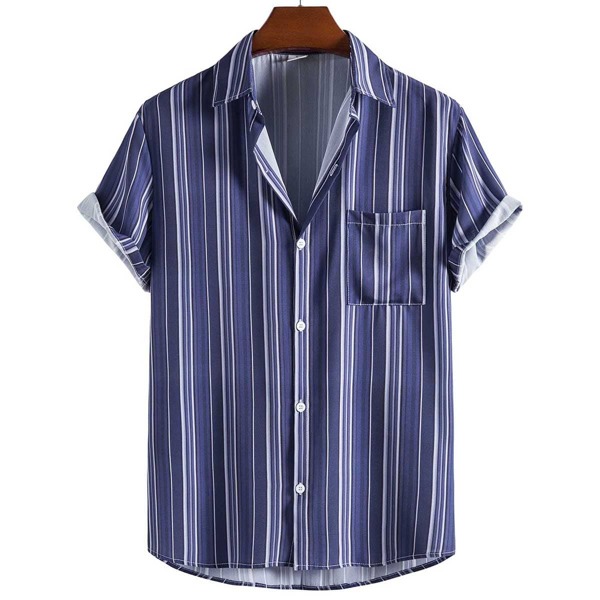 

Men Striped Print Button Front Shirt, Navy blue