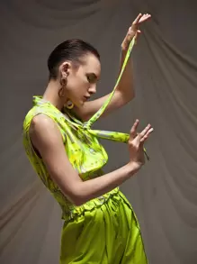 MIYUKI Business Casual Allover Print Tie Neck Shirred Waist Ruffle Trim Blouse, Festival, Office - Multicolor - View 1