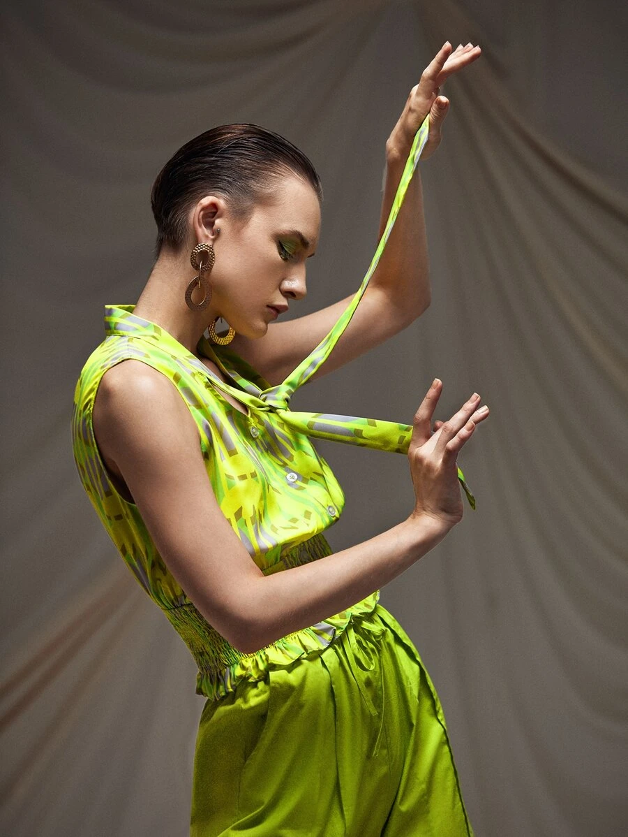 MIYUKI Business Casual Allover Print Tie Neck Shirred Waist Ruffle Trim Blouse, Festival, Office - Multicolor - View 1