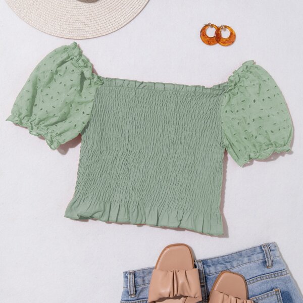 

Eyelet Embroidery Puff Sleeve Crop Shirred Top, Mint green