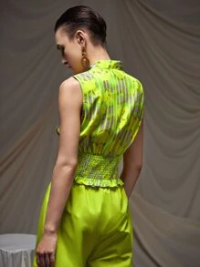 MIYUKI Business Casual Allover Print Tie Neck Shirred Waist Ruffle Trim Blouse, Festival, Office - Multicolor - View 2