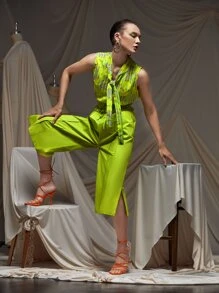 MIYUKI Business Casual Allover Print Tie Neck Shirred Waist Ruffle Trim Blouse, Festival, Office - Multicolor - View 3