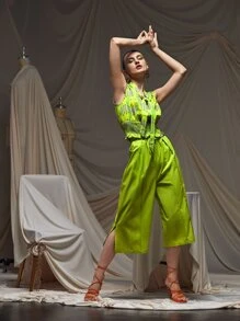 MIYUKI Business Casual Allover Print Tie Neck Shirred Waist Ruffle Trim Blouse, Festival, Office - Multicolor - View 4