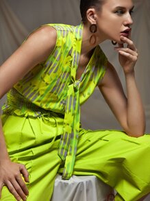 MIYUKI Business Casual Allover Print Tie Neck Shirred Waist Ruffle Trim Blouse, Festival, Office - Multicolor - View 5