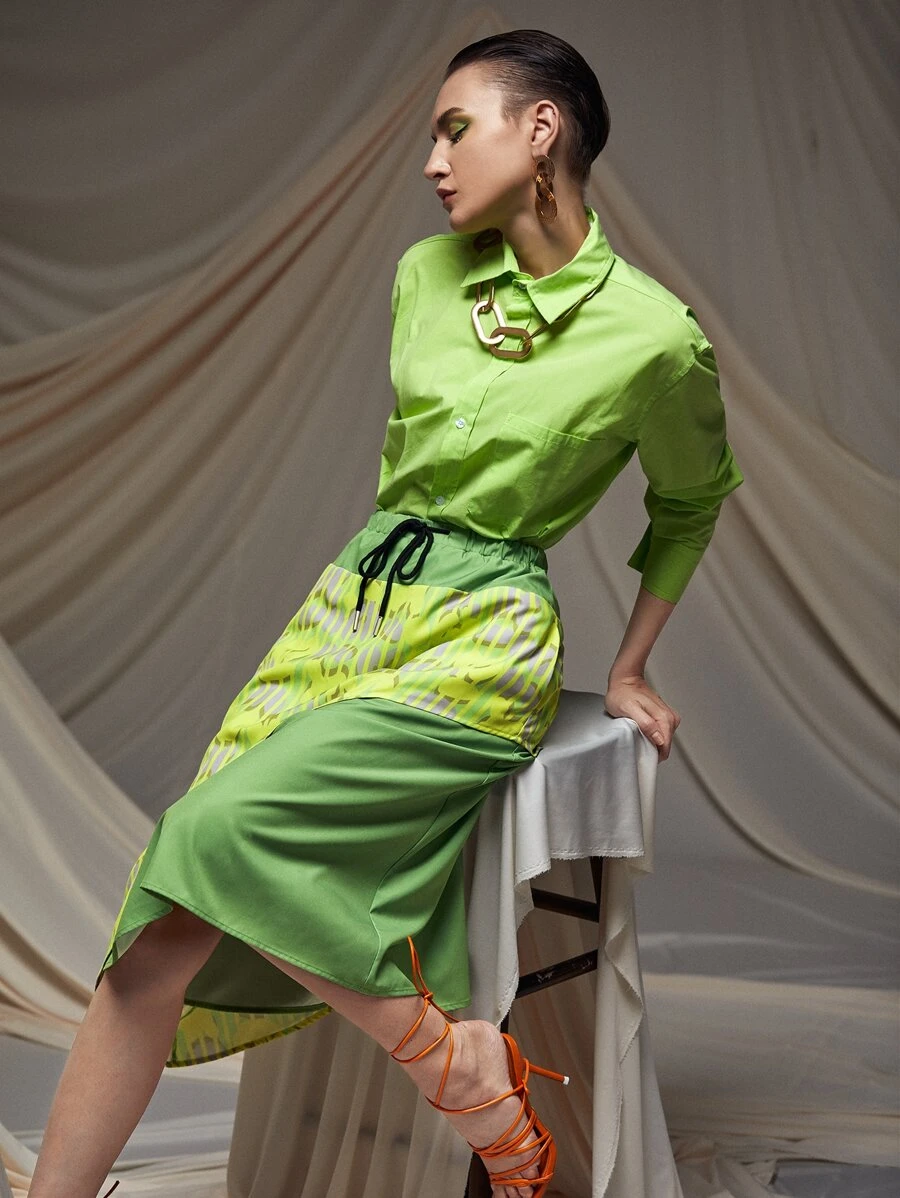 MIYUKI Layered Drawstring Skirt - Lime Green - View 1