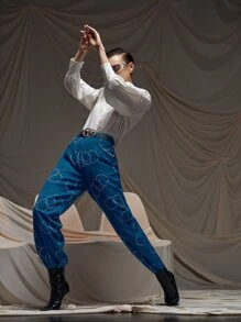 Zoe Graphic Print Raw Hem Wide Leg Pants Without Belt - Blue - View 1