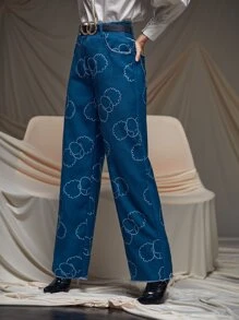 Zoe Graphic Print Raw Hem Wide Leg Pants Without Belt - Blue - View 3