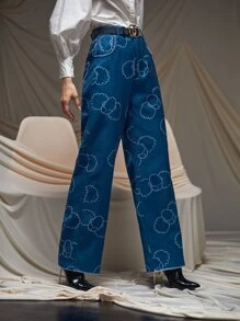 Zoe Graphic Print Raw Hem Wide Leg Pants Without Belt - Blue - View 4