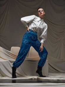 Zoe Graphic Print Raw Hem Wide Leg Pants Without Belt - Blue - View 5