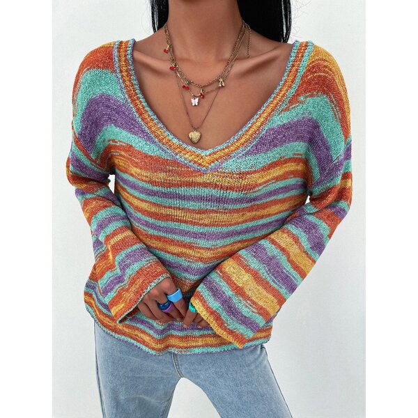 

Drop Shoulder Rainbow Striped Sweater, Multicolor
