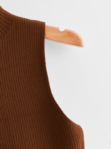 Solid Rib Knit Top - Coffee Brown - View 3