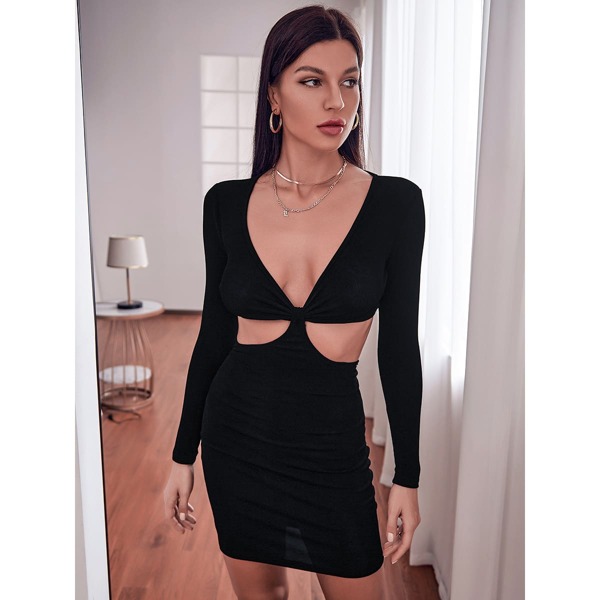 

Ruched Front Cutout Tie Back Bodycon Dress, Black