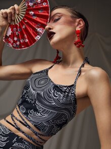 ALISMIND 線海浪印花吊帶短上衣和緊身打底褲套裝 - 黑與白 - 查看 2