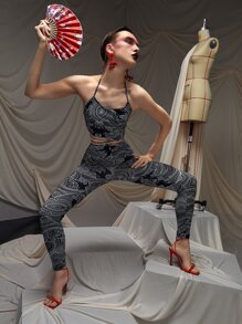 ALISMIND 線海浪印花吊帶短上衣和緊身打底褲套裝 - 黑與白 - 查看 3