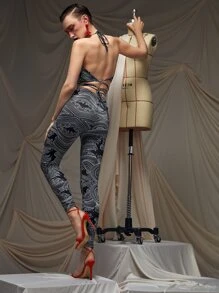 ALISMIND 線海浪印花吊帶短上衣和緊身打底褲套裝 - 黑與白 - 查看 6