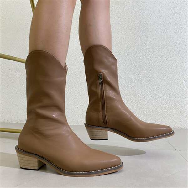 

Side Zipper Chunky Western Boots, Khaki