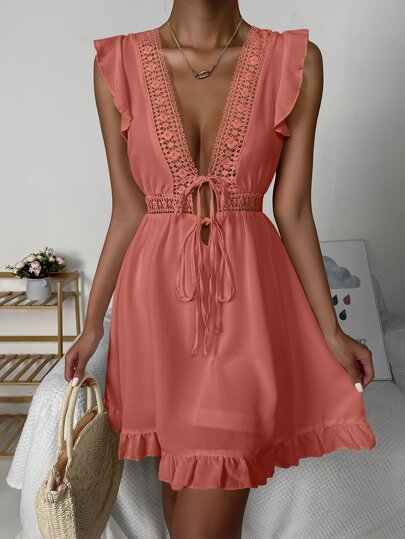 Lace Insert Tie Front Ruffle Armhole Dress
