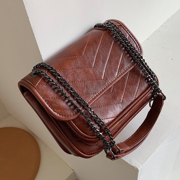 

Chevron Chain Tote Bag, Coffee brown