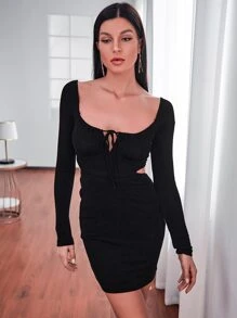 Vestido con cordón delantero de cintura con abertura de terciopelo - Negro - Ver 3