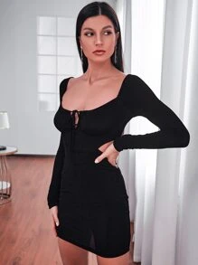 Vestido con cordón delantero de cintura con abertura de terciopelo - Negro - Ver 5