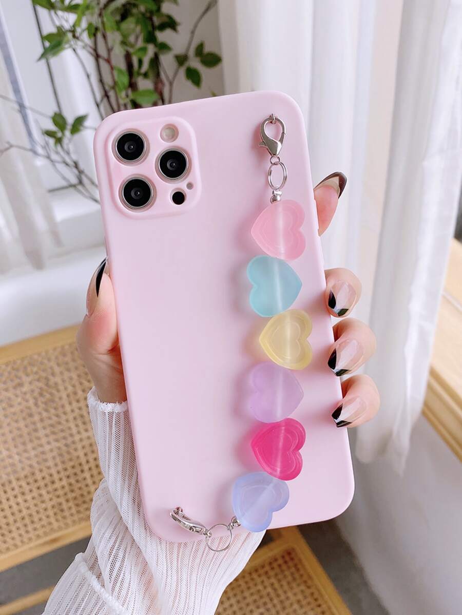 素色手機殼附帶心形裝飾手掌帶 - 粉色 - 查看 1