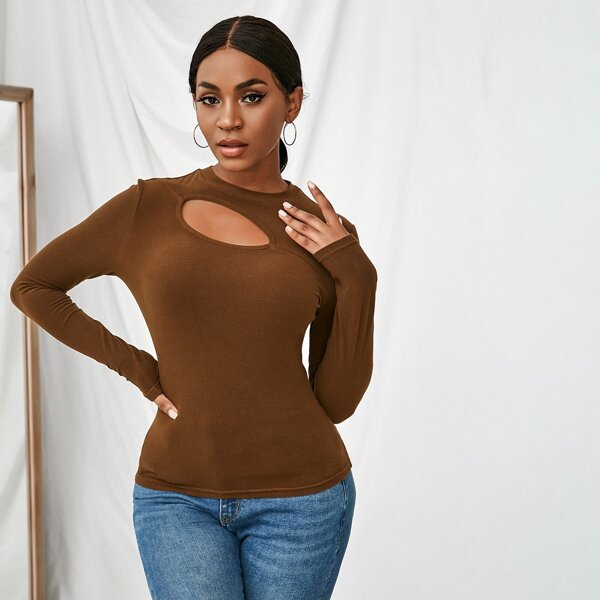 

Cut Out Front Slim Tee, Coffee brown