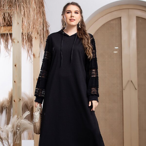 

Plus Solid Contrast Lace Hooded Sweatshirt Dress, Black