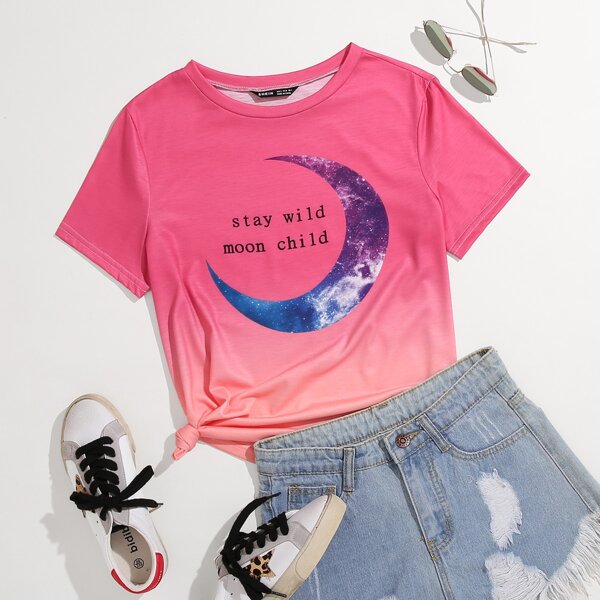 

Plus Ombre Moon And Letter Graphic Tee, Pink