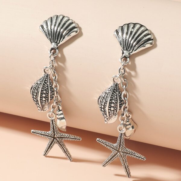 

Starfish & Conch Drop Earrings, Silver