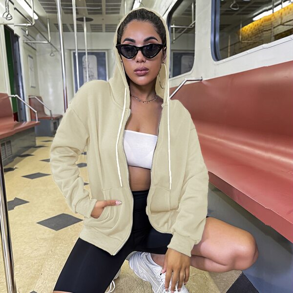 

Kangaroo Pocket Drop Shoulder Zip-up Hooded Sweatshirt, Apricot