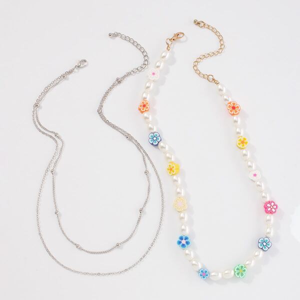 

2pcs Flower Decor Faux Pearl Beaded Necklace, Multicolor