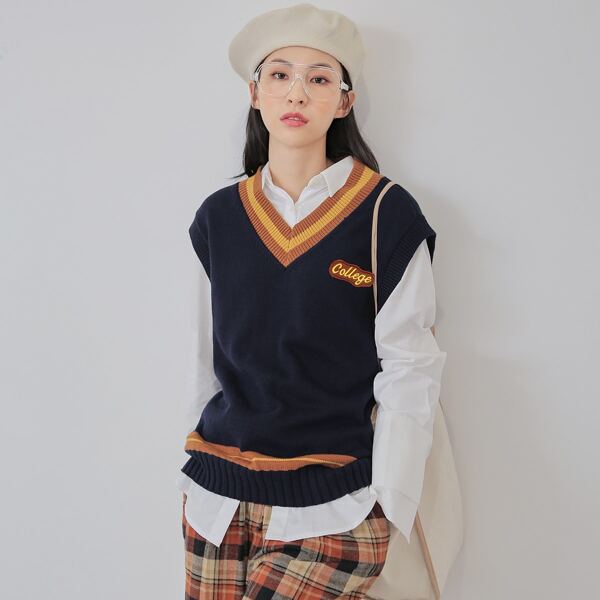 

Striped & Letter Embroidered Sweater Vest, Navy blue