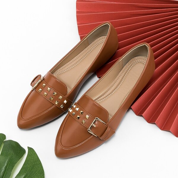 

Buckle Detail Studded Decor Ballet Flats, Brown