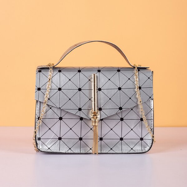 

Tassel Decor Geo Graphic Satchel Bag, Silver