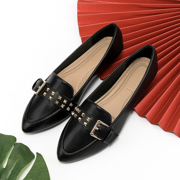 

Buckle Detail Studded Decor Ballet Flats, Black