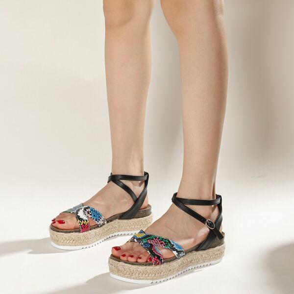 

Snakeskin Print Ankle Strap Flatform Sandals, Multicolor
