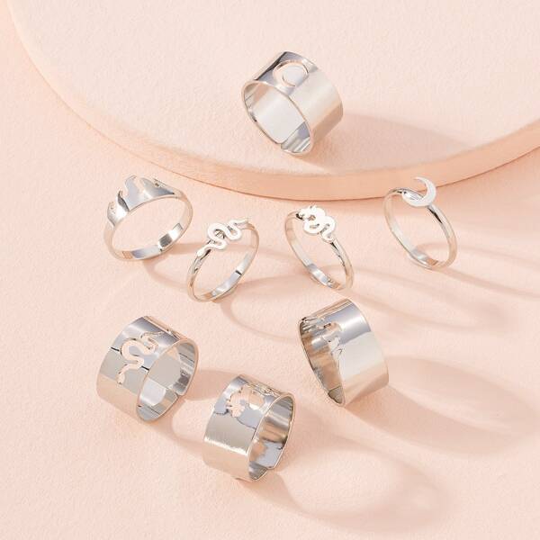 

8pcs Moon Decor Ring, Silver