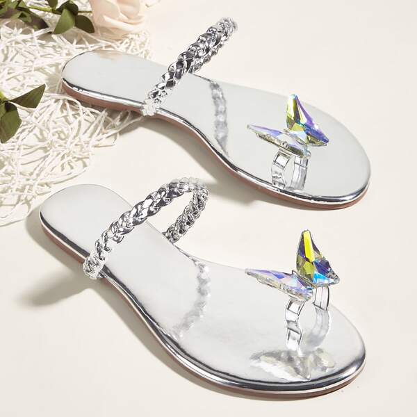 

Butterfly Decor Toe Ring Design Thong Sandals, Silver