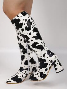 Botas cremallera lateral con estampado de vaca grueso - Blanco y Negro - Ver 2