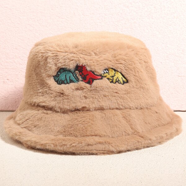 

Dinosaur Embroidered Fuzzy Bucket Hat, Khaki